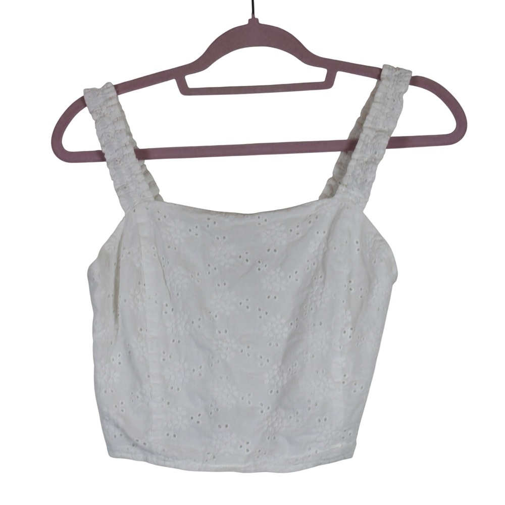 Saltwater Cottagecore Romantic Coastal Luxe White Eyelet Cropped Tank Top S